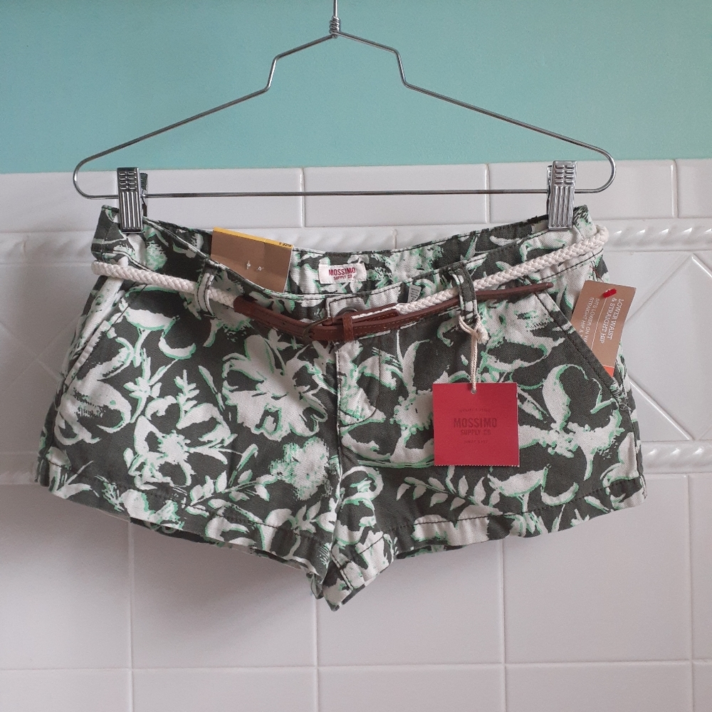 Cream and Green Brown Belted Shorts